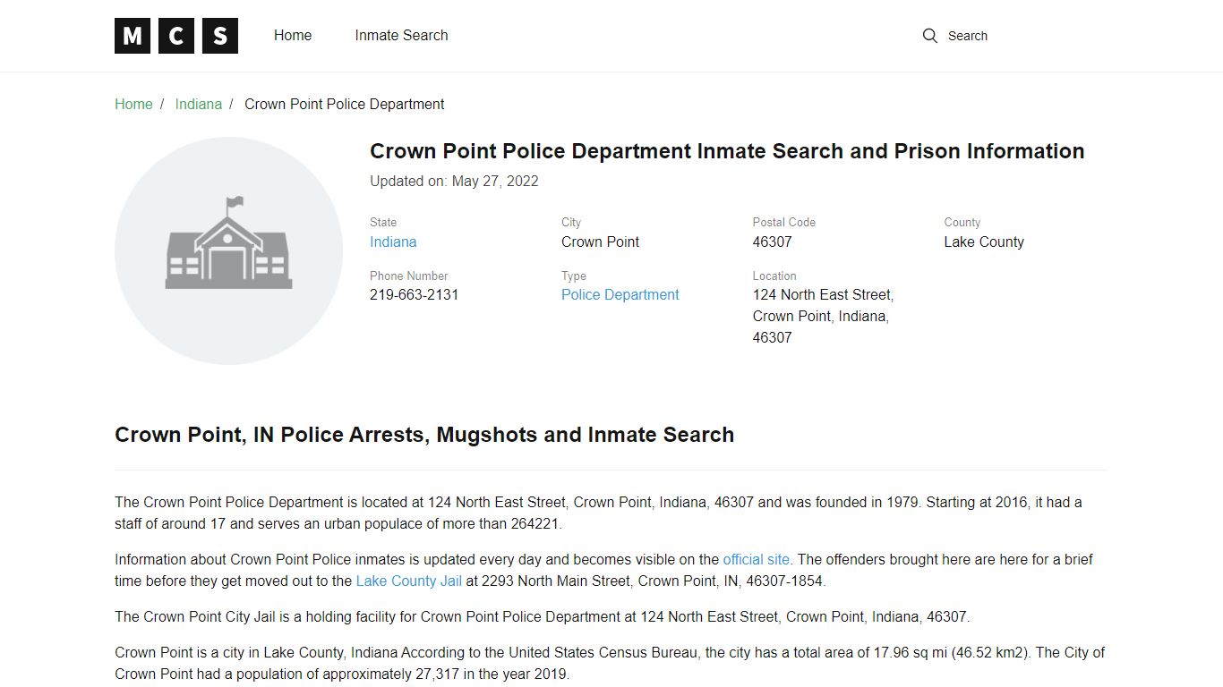 Crown Point Police Department Inmate Search and Prison ...